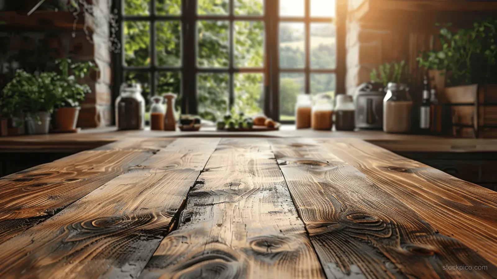 Wooden tabletop in the foreground with a softly blurred kitchen interior and window sunlight behind.
