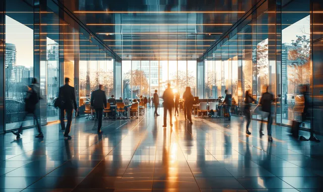 People walk through a glass-walled office lobby as sunlight reflects off the polished floor.