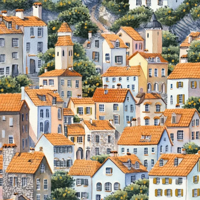 Watercolor village street scene with colorful tiled roofs and lively European facades