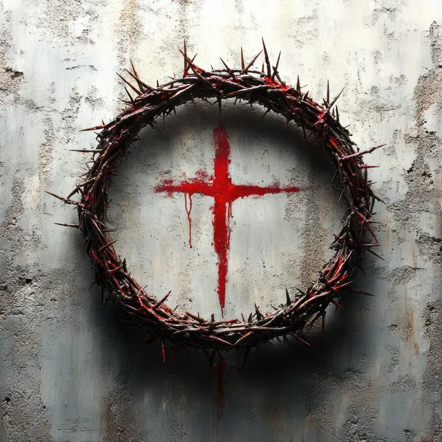 A thorny crown with red blood drips hangs against a rough wall with a red cross painted behind it.