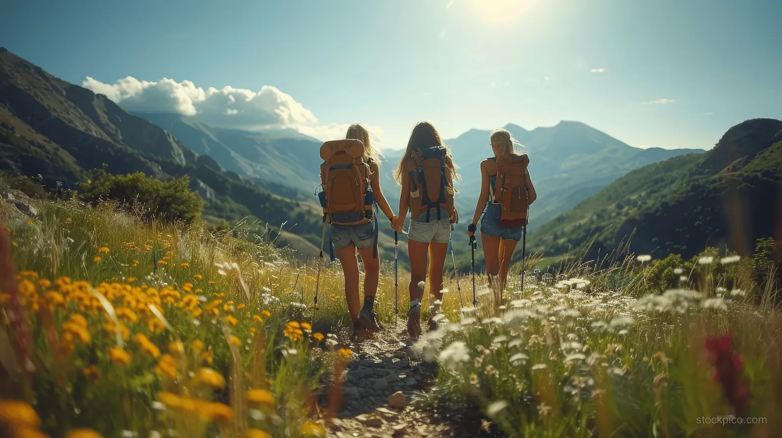 Three young women with backpacks hike along a mountain trail surrounded by wildflowers under sunny skies.