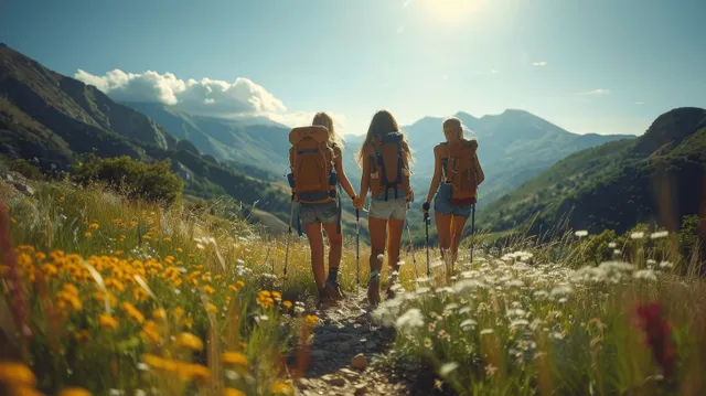 Three young women with backpacks hike along a mountain trail surrounded by wildflowers under sunny skies.
