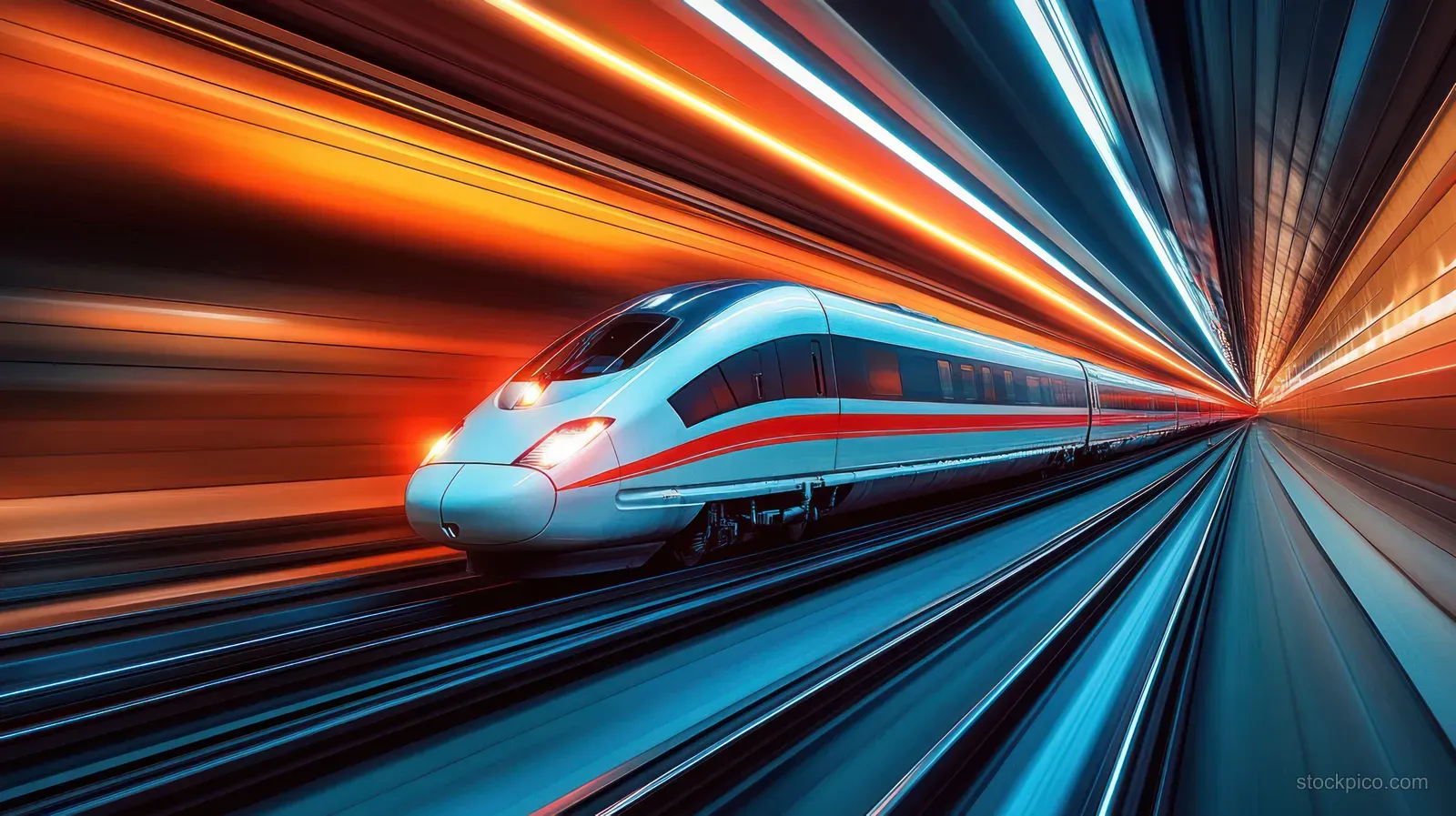 A high-speed train speeds through a glowing tunnel, creating orange and blue motion blur streaks.