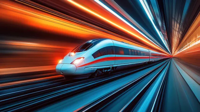 High-speed train races through a lit tunnel with orange and blue streaked motion blur