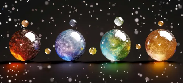 Four glowing textured spheres float above a reflective surface, surrounded by drifting light particles