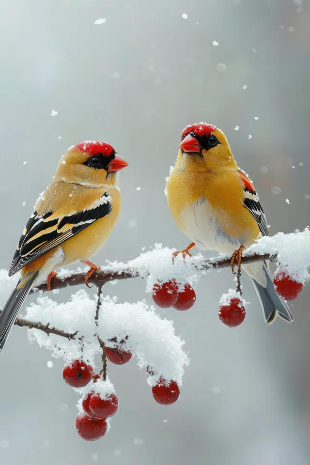 Two red-faced songbirds perched on snowy branches with red berries while snowflakes fall.