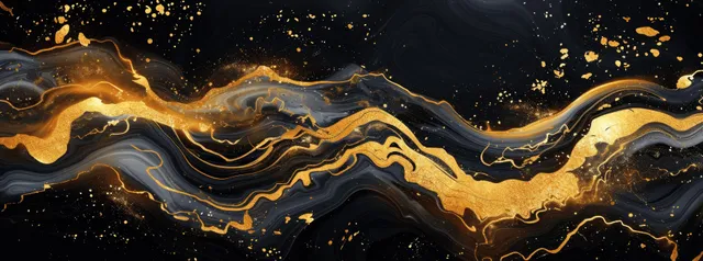 Black abstract marble texture with glowing gold liquid ink waves and sparkling specks across a dark background.