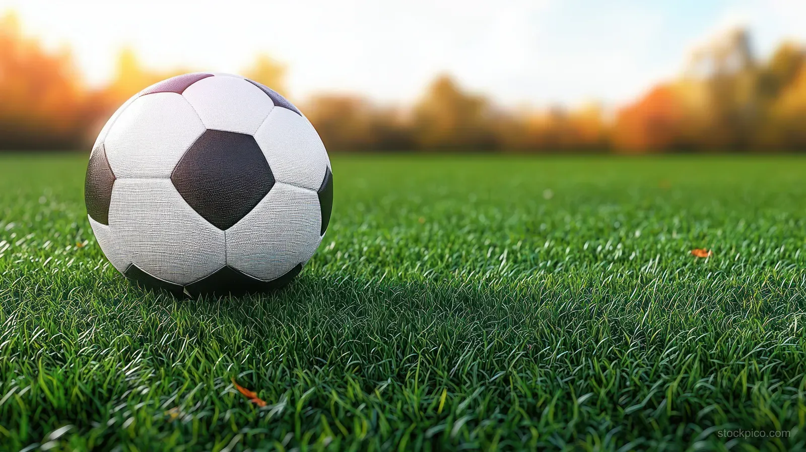 A black-and-white soccer ball rests on green grass with a warm sunset blur in the background.