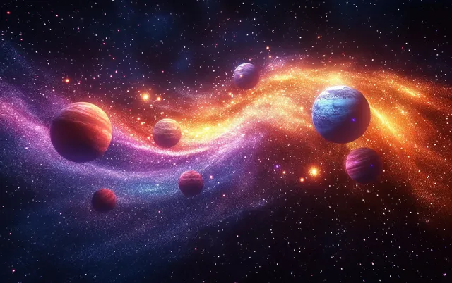 Swirling galaxy scene with floating planets and glowing nebula in dramatic interstellar light