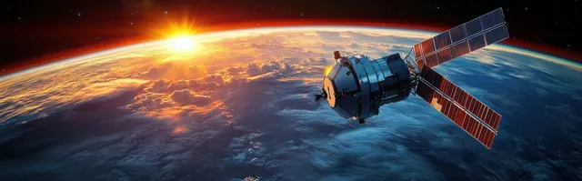 Satellite in orbit above Earth, deploying antenna and solar panels over sunset clouds
