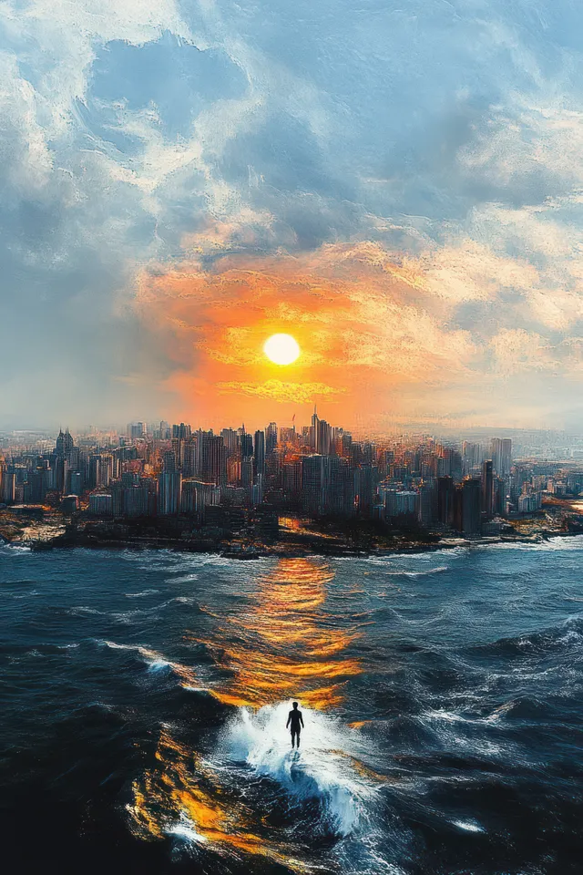 A surfer rides foamy waves toward a glowing city skyline beneath dramatic sunset clouds with bright reflections on the water.