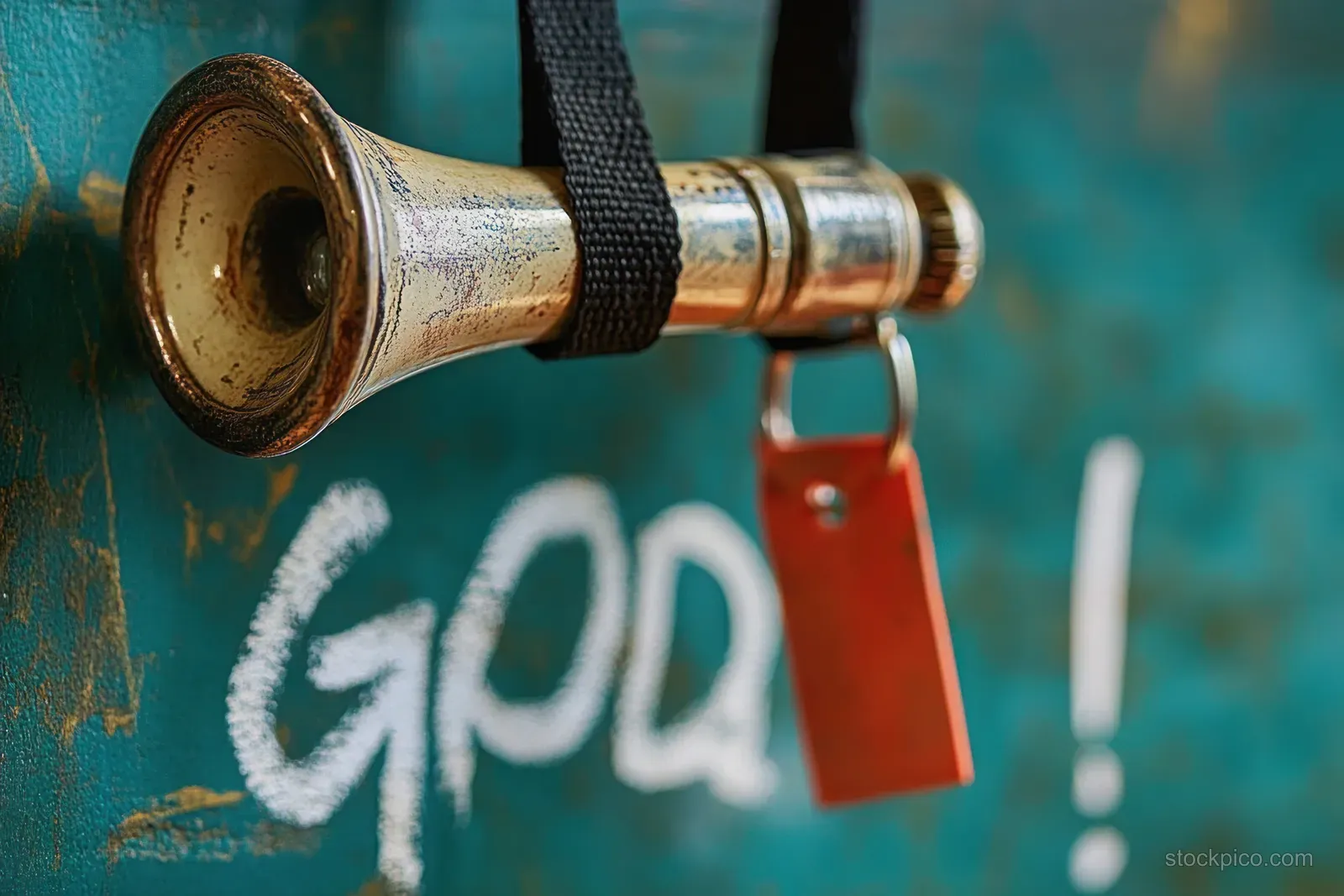 Vintage brass bicycle horn with a red bulb hanging by a black strap against a teal wall with partial white chalk graffiti.