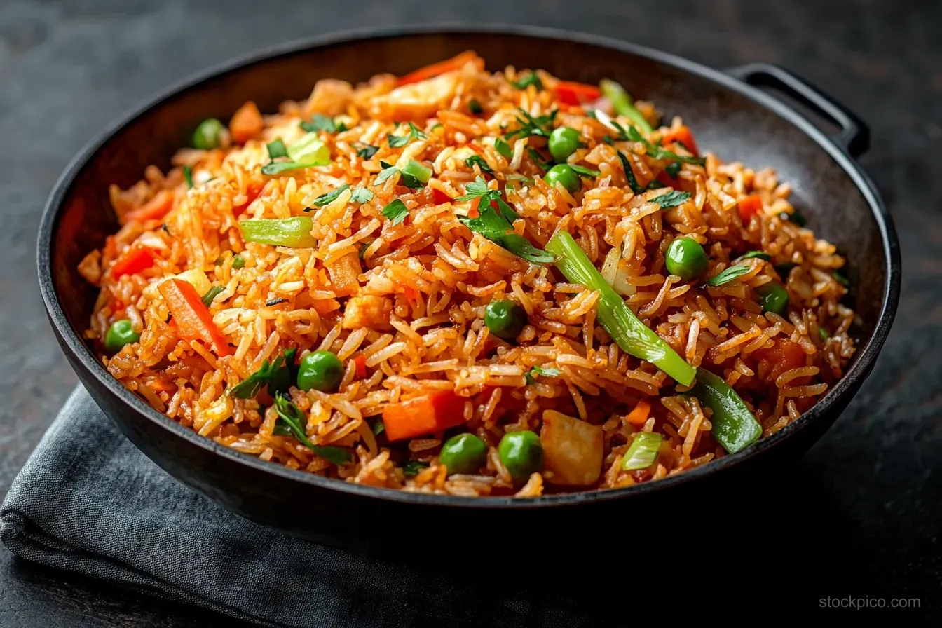 Black bowl filled with colorful fried rice mixed with peas, carrots, bell peppers, and topped with fresh herbs on a dark background.
