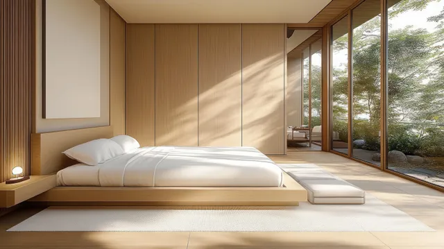 Minimalist bedroom with low platform bed, white bedding, warm wood panel walls, and floor-to-ceiling windows showing a green garden.