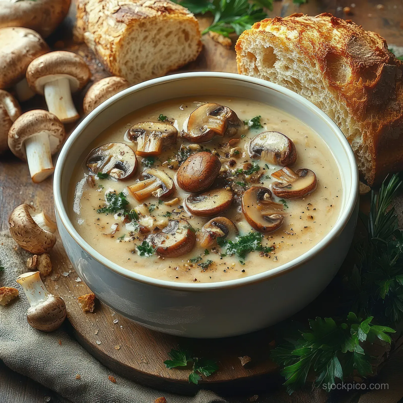 Creamy mushroom soup garnished with herbs in a bowl, with crusty bread and mushrooms on rustic wood.