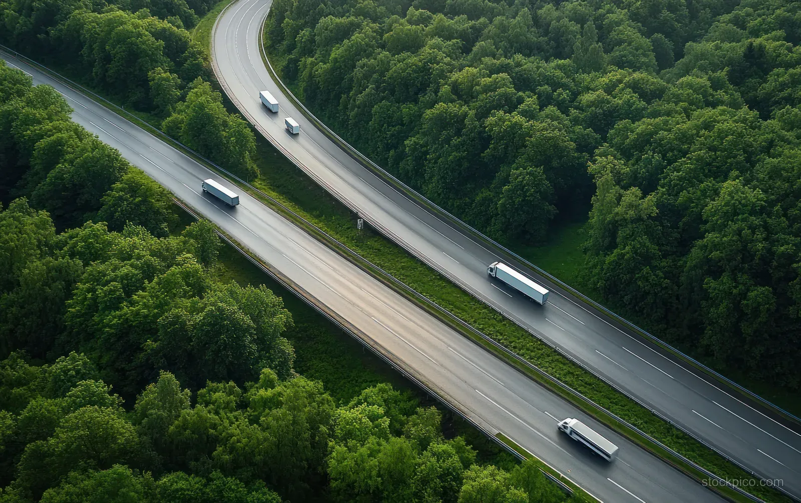 Aerial view of freight trucks traveling on a curved highway through dense green forest during daytime.