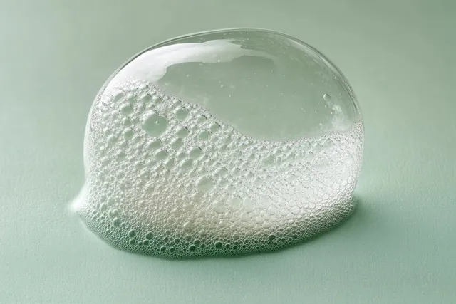 White cleansing mousse foam dome on clean bathroom surface with tiny bubbles detail