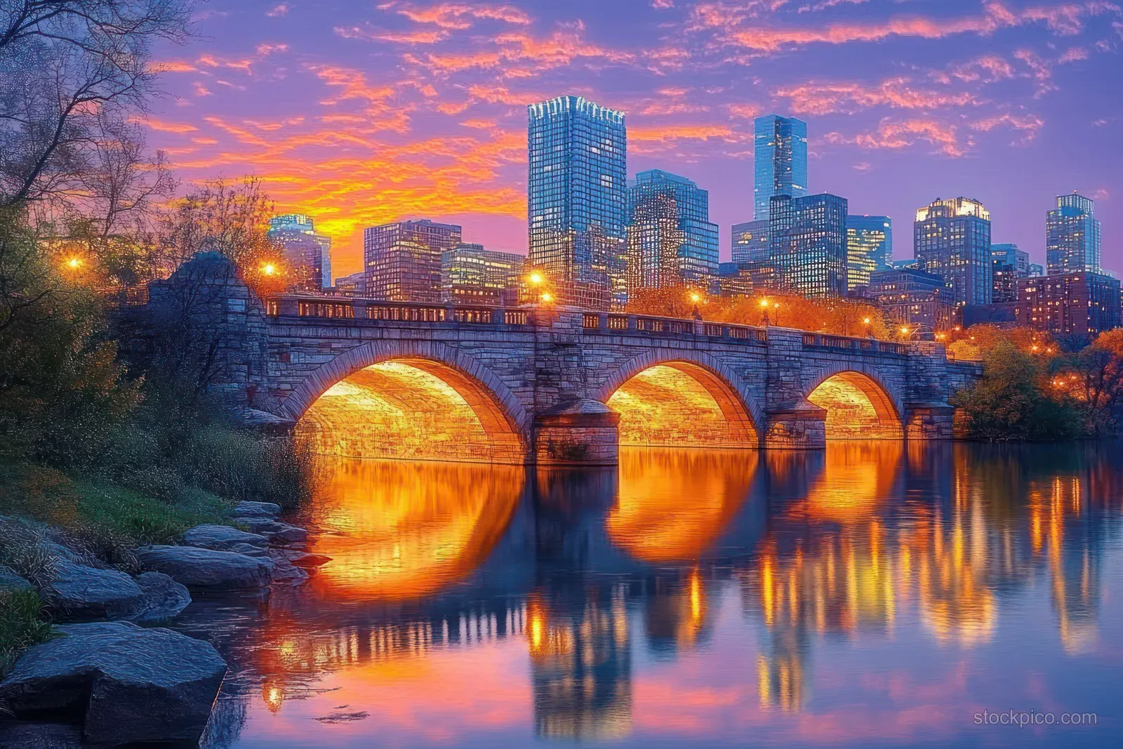 Twilight skyline of Minneapolis with a stone arch bridge spanning the Mississippi River and glowing reflections on calm water.