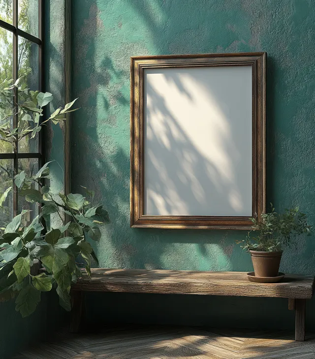 An empty minimalist canvas frame hangs on a textured dark green wall beside a wooden shelf and potted plant in soft daylight.