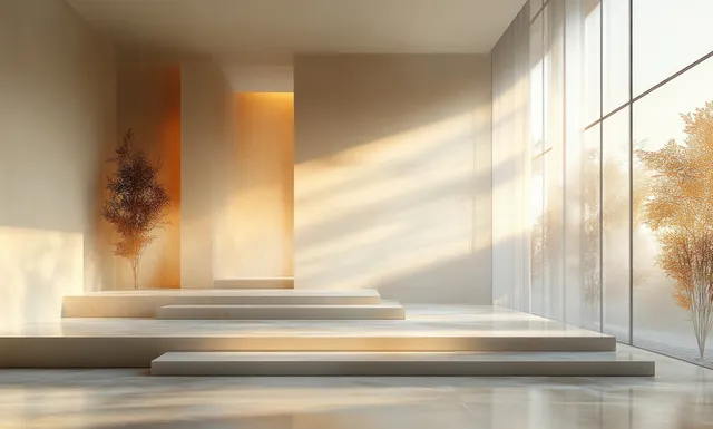 Sunlight streams into a minimalist room with layered platforms and tall windows.