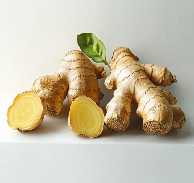 Fresh ginger roots arranged on white surface with soft chiaroscuro shadows