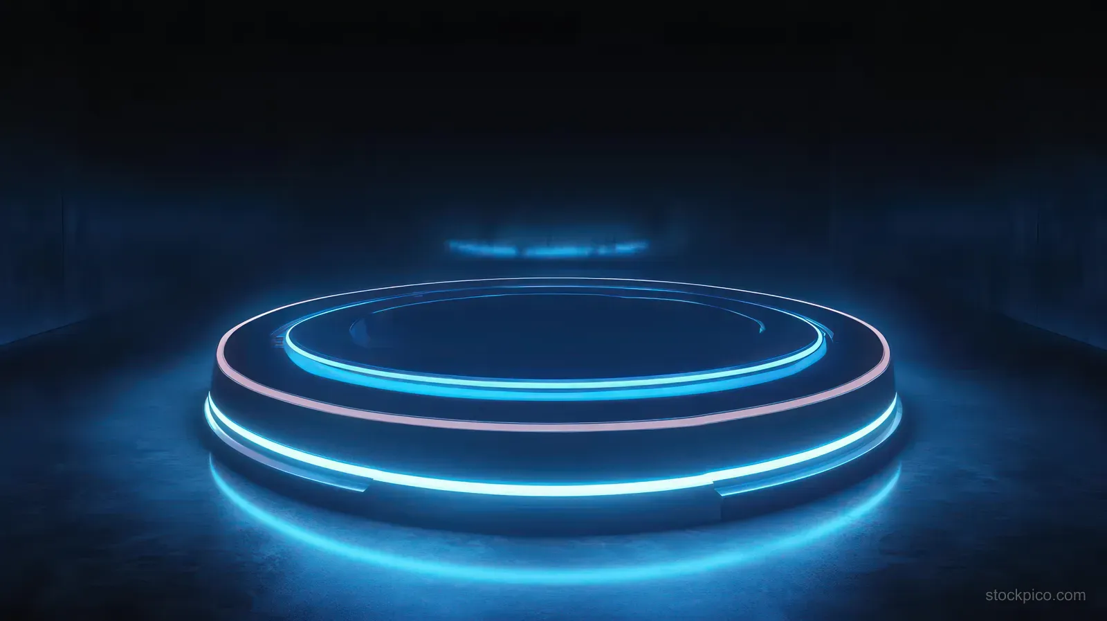 Neon blue circular platform emits glowing rings on a dark, foggy stage background.