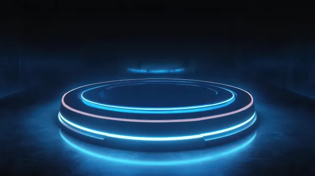 Neon blue circular platform emits glowing rings on a dark, foggy stage background.