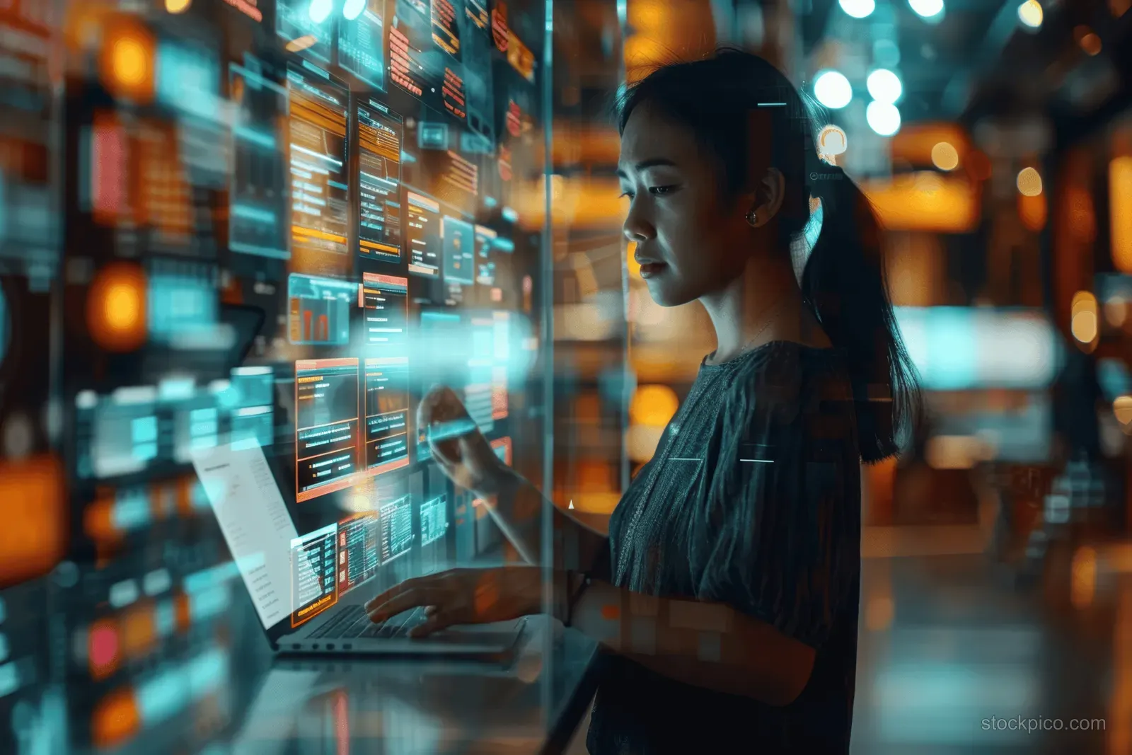 A woman reviews approval checklists on a laptop while digital data streams glow around her.