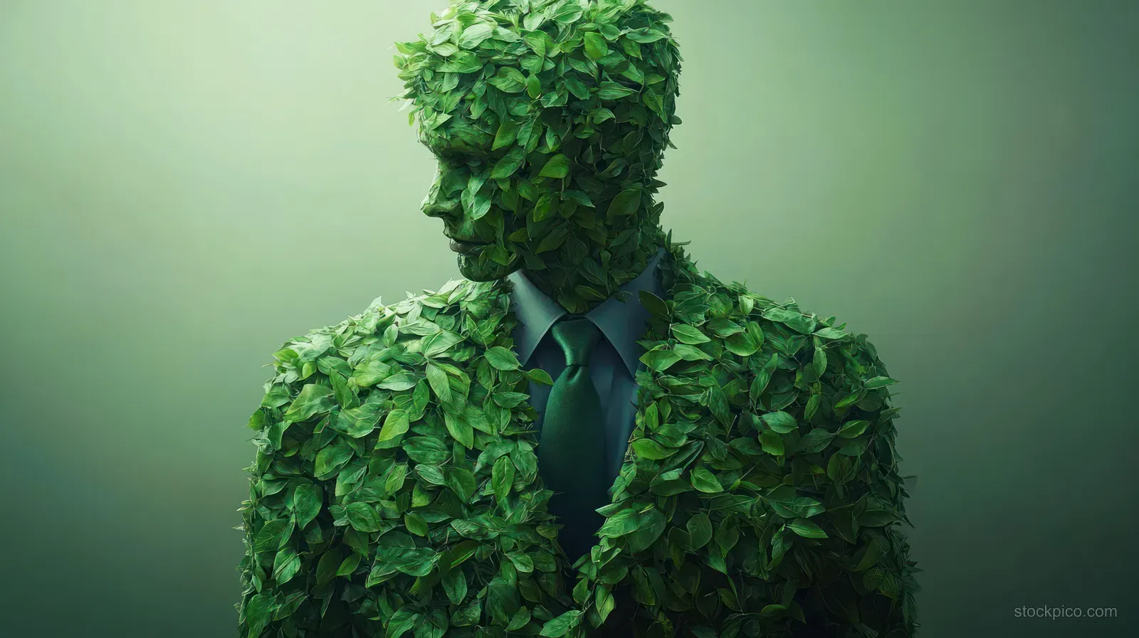 A man wears a suit and necktie made of green leaves under soft studio lighting.
