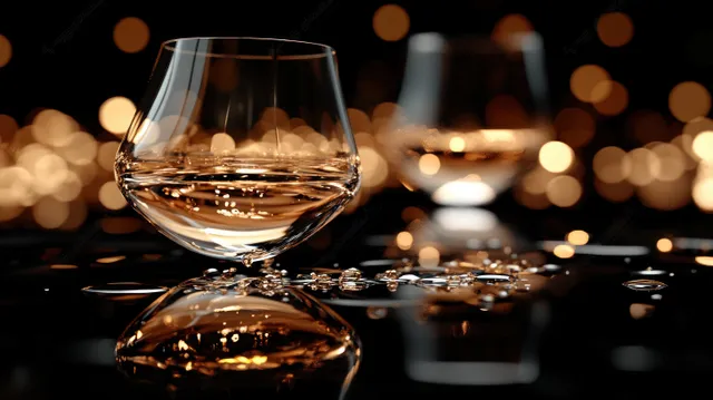 Una copa de vino tinto derramada sobre una superficie negra brillante muestra charcos reflectantes de vino entre cálidas luces bokeh.