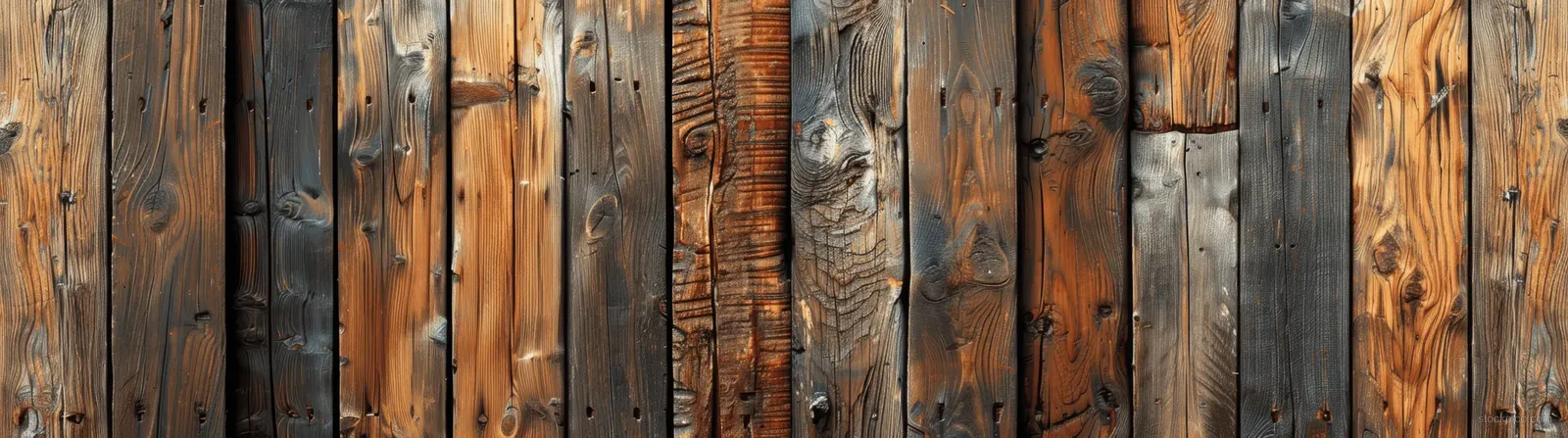Close-up view of aged vertical wooden planks with visible grain, knots, and weathered cracks.