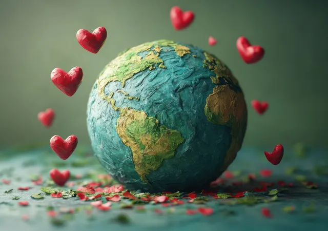 Earth globe surrounded by floating red hearts and scattered rose petals on a blurred green background.