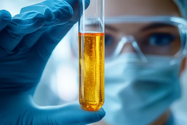 Scientist in protective gear holds a test tube with bubbling yellow solution in laboratory