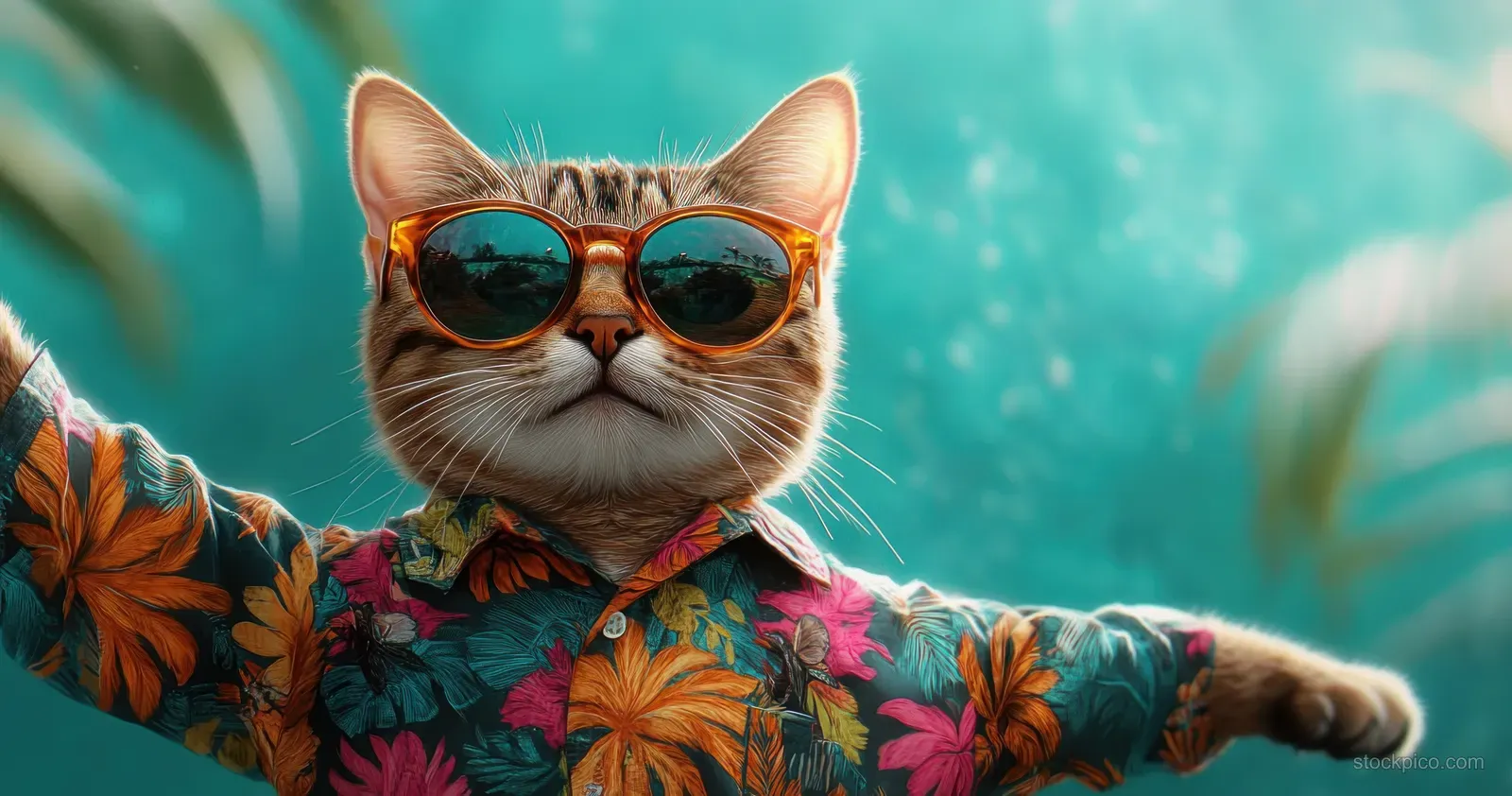 A stylish cat in sunglasses and a Hawaiian shirt raises a paw to high-five in a tropical poolside scene.