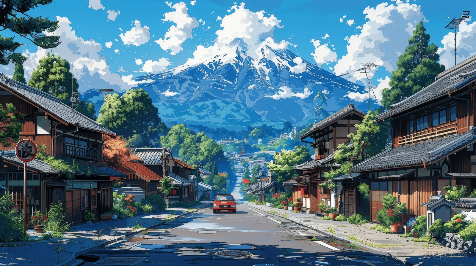 A vibrant anime-style street in a Japanese town features traditional houses, greenery, and mountains under bright summer clouds.