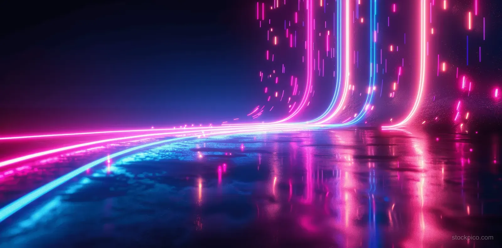Pink and blue neon light trails curve across a glossy dark floor with glowing ribbon reflections.