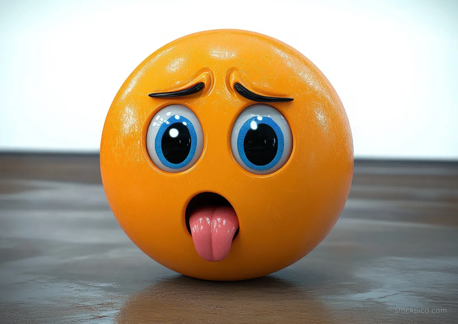 Orange 3D emoticon ball with sad blue eyes and tongue out sits on a wooden floor.