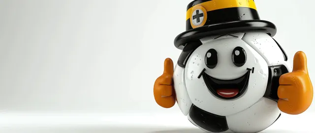 3D soccer ball mascot with German flag hat giving thumbs up on white backdrop