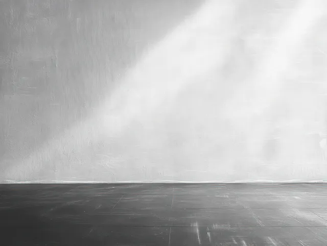Empty room corner with textured white walls and dark wooden floor illuminated by natural light and shadows.