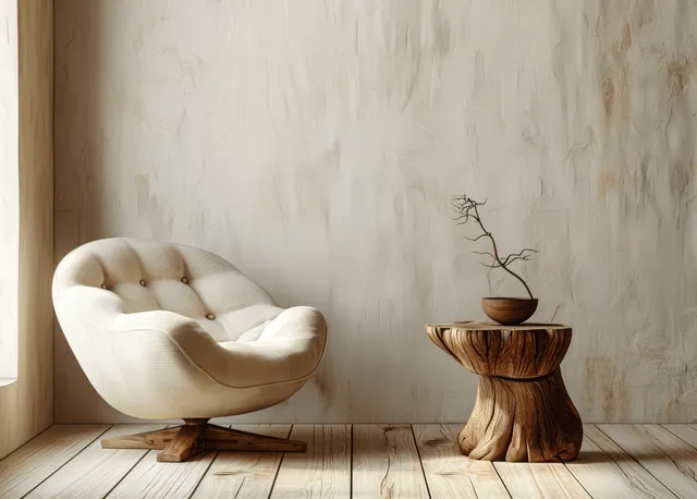 White armchair beside a wooden stump table with a small potted plant against a beige plaster wall.