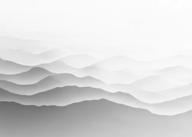 Minimalist monochrome landscape with layered wave ridges fading into misty gray horizons