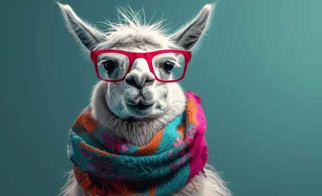 A llama portrait wearing red glasses and a colorful scarf on a teal background.