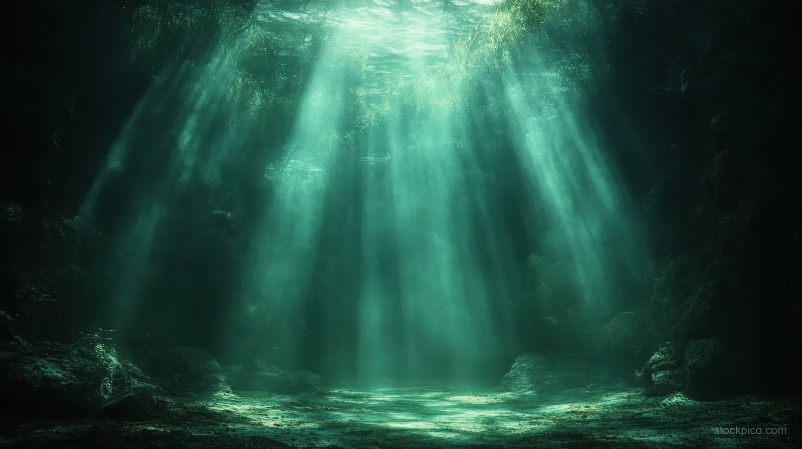 Green beams of light shine down through underwater fog onto a textured sand floor in a dark cavern.