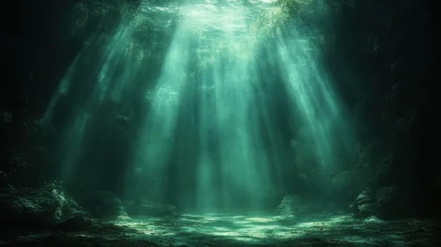 Surreal underwater cavern with glowing beams and baroque shadows over misty sand floor