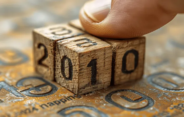 Hand turns wooden blocks labeled 2024 and 2025 on a table with scattered money bills.
