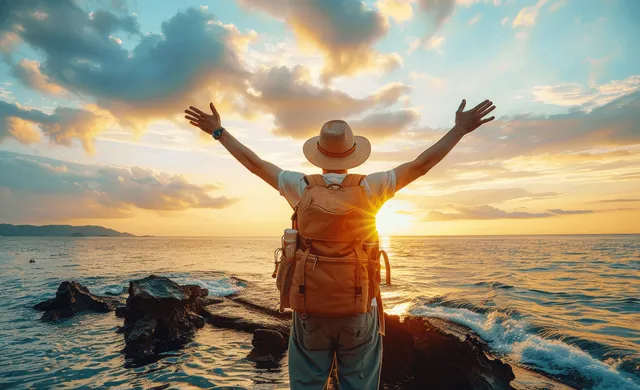 Joyful backpacker raises arms on rocky shoreline as ocean sunset glows behind