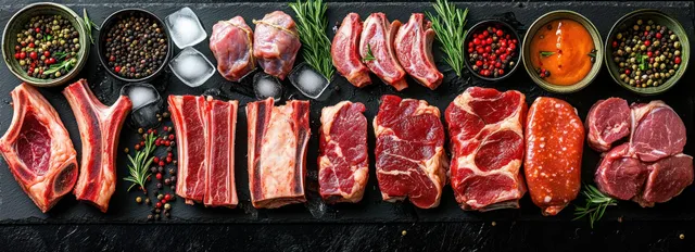 Flat lay of raw ribs, steaks, lamb chops, and sausages on black slate with rosemary, peppercorns, spices, and ice cubes.