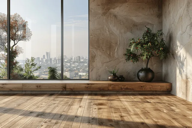 Minimalist apartment corner with parquet floor, large windows showing city skyline, and a black vase on a wooden ledge.