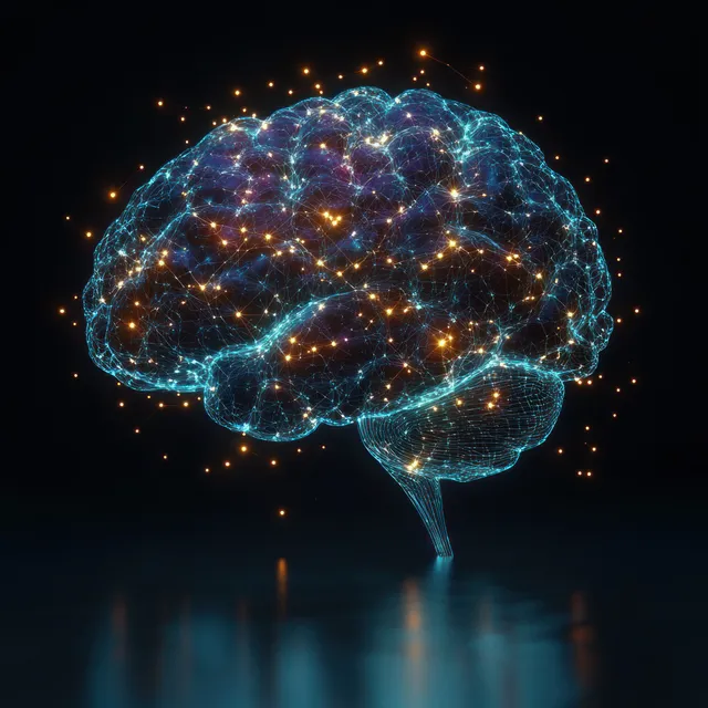 3D wireframe brain glowing with neural network connections over dark reflective background