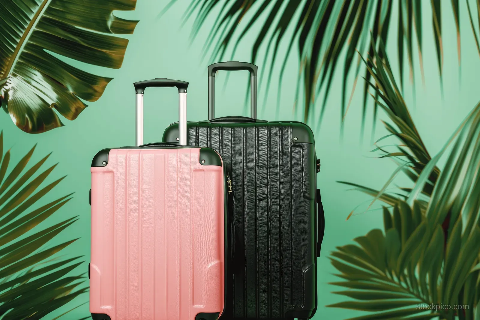 Pink and black suitcases are placed against palm leaves on a mint green tropical background.